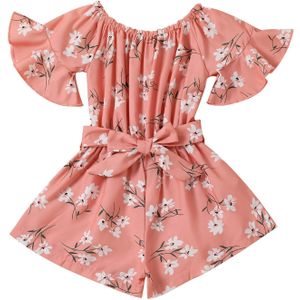 2-7Y Mode Peuter Baby Meisjes Zomer Kleding Bloemenprint Flare Mouw Riem Playsuits Jumpsuits Kinderen Overalls
