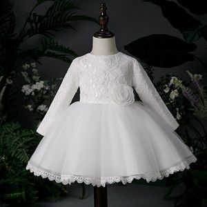 Schattige Baby Meisje Feestjurk Voor 1 Jaar Verjaardag Japon Wit Tulle Lange Mouw Peuter Meisje Wedding Doopjurk Voor doop