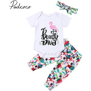 Baby Zomer Kleding 0-3Y Infant Kid Baby Girl Outfit Sets Brief Flamingo Tops Romper Bloem Broek Hoofdband 3 Pcs sunsuit