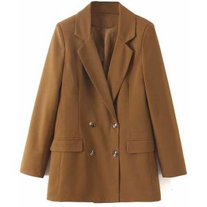 Vrouwen Notched Double Breasted Camel Blazers Zakken Herfst Dame Jasje Bovenkleding Office Dames Werkkleding Chic Tops