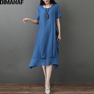 Dimanaf Plus Size Zomer Vrouwen Jurk Zonnejurk A-lijn Vintage Lady Vestidos Losse Casual Katoen Linnen Effen Kleding