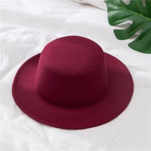 Classic Solid Kleur Vilt Fedora Voor Vrouwen Mannen Kunstmatige Wol Blend Jazz Cap Brede Rand Eenvoudige Kerk Derby Platte top Hat