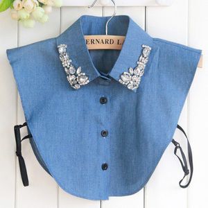 Voor Dames Vrouwen Blue Denim Cowboy Rhinestone Decoraties Nep Shirt Blouse Afneembare Kragen Revers FS0330