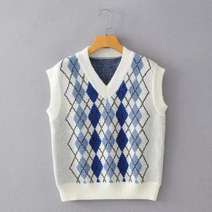 Casual Argyle Cropped Trui Vest Vrouwen Mouwloze Gebreide Trui Dames V-hals Preppy Stijl Plaid Tank Jumpers Herfst Winter