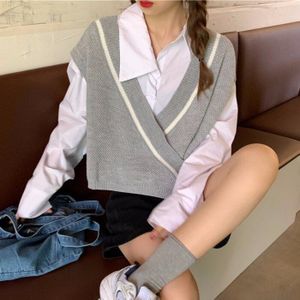 Trui Vest Vrouwen Patchwork V-hals Knop Stijlvolle Kantoor Dames Elegante Koreaanse Ulzzang Streetwear Chic Leisure Uitloper