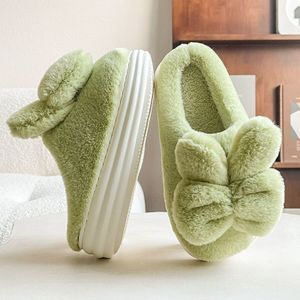 Witte Fluff Bunny Oor Strik Slides Vrouwen Bont Flip-Flops Fuzzy Thuis Slippers Met Hakken Vrouwen Indoor schoenen Chunky Slipper