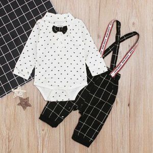 Baby Jongens Gentleman Kleding Pak Bow-tie Kroon Shirt Rompertjes + Overalls 2 stks Peuter Bodysuit Outfits Baby Party jumpsuit