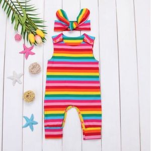 Pasgeboren Baby Meisjes Mouwloze Regenboog Romper Jumpsuit Katoen Kleding + Hoofdband