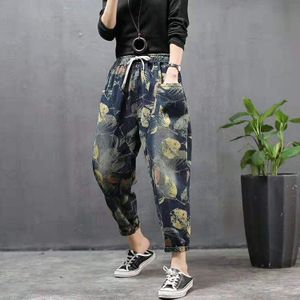 Max Lulu Zomer Chinese Mode Dames Vintage Denim Broek Womens Bloemen Gedrukt Losse Jeans Elastische Broek Plus Size