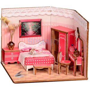 1:24 Diy Poppenhuis Houten Poppenhuis Miniatuur Meubels Kit Speelgoed Verjaardag Kerstcadeaus-Moderne Roze Slaapkamer Leven Scène Model
