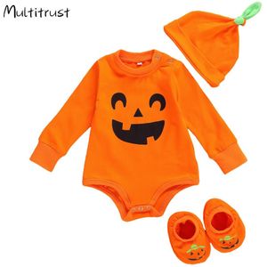 3 Stuks Peuter Halloween Pak Oranje O-hals Lange Mouwen Bodysuits + Pompoen Ghost Slip-On Schoenen + Hoed voor Baby Jongen Meisje 0-18 M