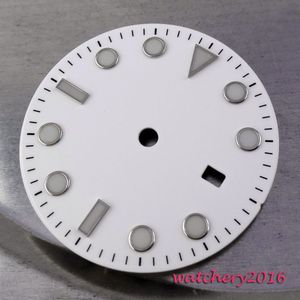 31.3mm witte Wijzerplaat blauw lichtgevende markers datum venster fit MingZhu 2813 4813 Beweging heren Nieuw Horloge wijzerplaat