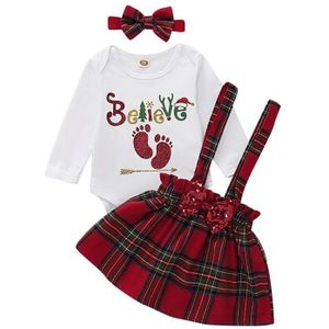 Mijn Eerste Kerst Outfit Voor Peuter Baby Meisjes Lange Mouw Bodysuit Strap Plaid Rok Hoofdband Xmas Party Kostuum 3 Stuk set