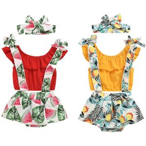 3 Pcs Pasgeboren Baby Meisje Zomer Kleding Sets 0-24M Print Tops Strap Broek Hoofdband Outfits Set 2 kleuren