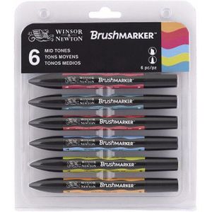 Winsor & Newton Brushmarker Set 6 Kleuren 12 Kleuren Zachte Borstel Markers Twin Tip Mid Pastel Skin Rijke Tonen