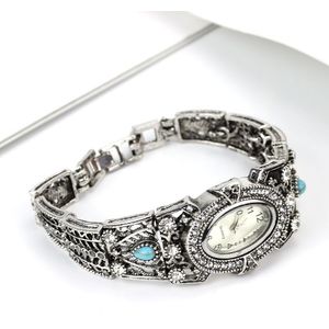 Sunspicems Vintage Oud Zilver Kleur Indiase Vrouwen Polshorloge Manchet Armband Ovale Horlogekast Vol Strass Elegante Festival