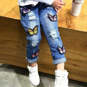 Jeans Voor Meisjes Vlinder Applique Ripped Jeans Voor Kinderen Denim Broek Kinderen Broek Peuter Lange Jeans Baby Meisje Kleding 4T