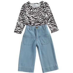 Zebra Print Tweedelige Outfits Kids Meisjes Mode Set Lange Mouw Zebra-Streep Tops + Jeans Set Voor Kinderen baby Meisjes 1-6Years