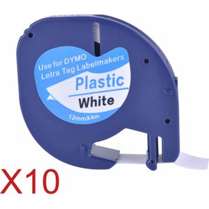 10 compatibele Dymo LetraTag 91201 zwart op wit plastic labeltapes 91201 91221 59422 S 0721660 LT100H