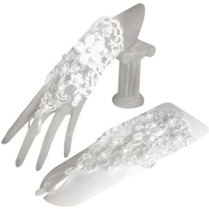 1 Paar Vrouwen Bridal Korte Handschoenen Vingerloze Borduren Lace Bloemen Applique Faux Pearl Decor Wanten Cross Bandage Haak Vinger