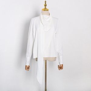 Twotwinstyle Witte Ruches Solid Shirt Voor Vrouwelijke Stand Kraag Lange Mouwen Minimalistische Blouse Vrouwen Kleding Tij