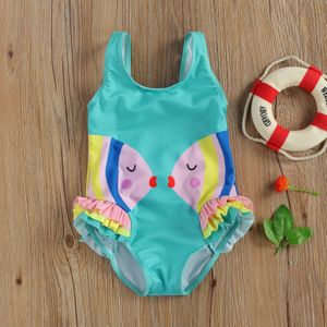 Kinderen Meisjes Badmode Een Stuk Badpak Leuke Zomer Cartoon Print Uitsnede Knot Back Ruffle Beach Bathing Bikini Pak beachwear