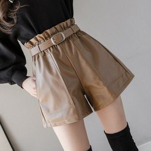 Zwart Pu Lederen Shorts Vrouwen Herfst En Winter Shorts Tailleband Effen Kleur Hoge Taille Wijde Pijpen Broek Vrouwen 11091