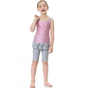 Moslim Meisjes Badmode Mouwloze Tops + shirt Stijl Shorts Twee Stukken Bad Suits Quick Dry Strepen Beachwear voor Kinderen 4-12years