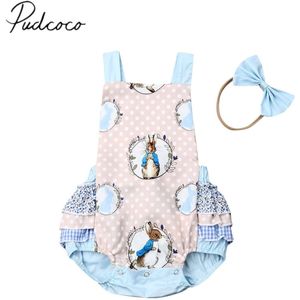 Baby Zomer Kleding Pasgeboren Baby Baby Meisje Jongen Bunny Bodysuit Mouwloze Cartoon Jumpsuit + Hoofdband 2 Stuks Kleding Outfit