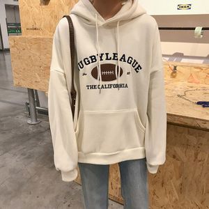 Rugby Fleece Vrouwen Hoodie Beige Grijs Blauw Losse Casual Koreaanse Stijl Sweatshirt Hooded Pull