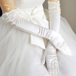 Elleboog Lengte Top Kralen Lange Vrouw Bruiloft Handschoenen Bridal Vinger Wit Zwart Dans Handschoenen Satijn Gants De Mariage G003