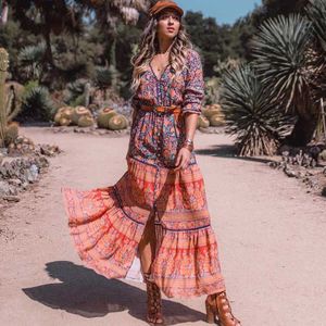 Boho Geïnspireerd Lange Boho Jurk Bloemenprint Spliced Maxi Jurk Vrouwen Casual Chic Lente Zomer Jurk Met Lange Mouwen Jurk