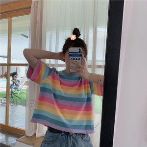 Casual Tshirt Losse Regenboog Gestreepte O-hals Korte Mouwen Vrouwen T-shirt Tops Vrouwelijke T-shirt Vrouw Doek Harajuku