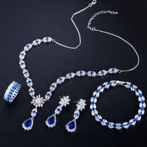 Cwwzircons 4 Pcs Blauw Kubieke Zirkoon Crystal Flower Bruiloft Ketting Oorbel Armband Ring Bridal Kostuum Sieraden Sets T439