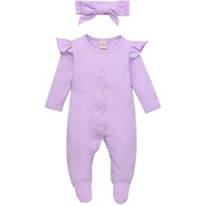 Baby Meisjes Effen Kleur Jumpsuit Lange Mouw Ronde Kraag Knop Open Voorzijde Een Stuk Kleding Wijn Rood/Roze/Paars Footies