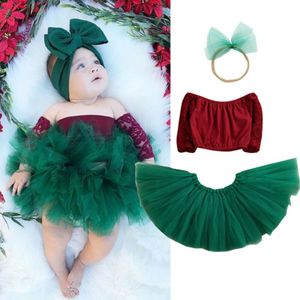 Pasgeboren Baby Baby Meisje Kerst Kleding Sets Off Shoulder Top + Kant Tutu Rok Hoofdband 3Pcs Xmas Party Outfit