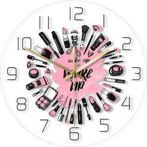 Make Up Set Wandklok LED Backlight Schoonheidssalon Business Nachtlampje Horloge Non-tikkende Slaperig Lamp Duvar Saati afstandsbediening