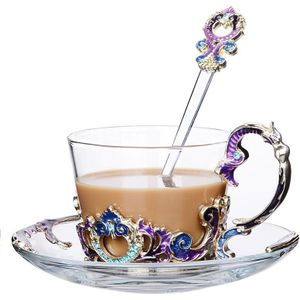 Europese Thee Cups Glas Emaille Luxe Elegante Koffie Beker Met Lepel Kristallen Glazen Metalen Graveren Drinkware Voor Kerstcadeau