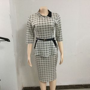 Vrouwen Plus Size Tops En Rok 2 Stuk Outfits Voor Vrouwelijke Plaid Print 3/4 Mouwen Pencil Rok Tweedelige sets Kleding