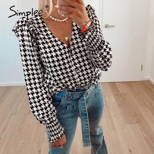 Simplee Elegante Zwarte Plaid Herfst Winter Vrouwen Blouse Office Lady Ruche Bladerdeeg Lange Mouw V-hals Korte Vrouwelijke Blouse