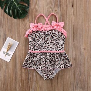 Kid Badmode Luipaard Print Zomer Baby Meisje Een Stuk Mouwloze Ruche Badpak Met Strik Beach Swim Bikini