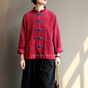Herfst Winter Corduroy Jas Voor Vrouwen Traditionele Chinese Kostuums Retro Vintage Shirt Blouse Effen Kleur Tang Pak Hanfu