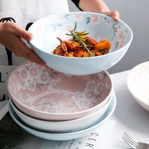 Japanse Meisje Roze Kersenbloesem Keramische Servies Huishoudelijke Salade Pasta Grote Soepkom 9 Inch Instant Noodles Kom