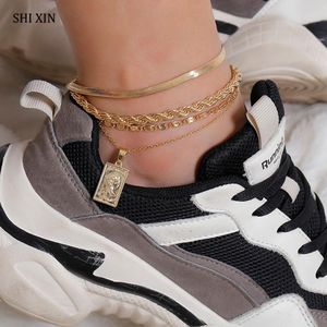 Shixin 4 Stuks Gelaagde Armband Op De Been Chunky Ketting Enkelbanden Armband Voor Enkelbandjes Vrouwen Voet Ketting Sieraden Vrouwelijke