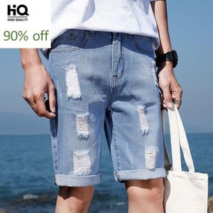 Casual Heren Shorts Zomer Mode High Street Slim Fit Knielange Denim Broek Straight Hole Ripped Jeans korte Man