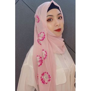 Zomer Arabische Islamitische Vrouwen Moslim Borduren Bloemen Chiffon Sjaal