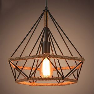 Industriële Retro Kroonluchter Modern Art Diamond Birdcage Hollow Zolder Hennep Touw Lamp Thuis Restaurant Plafondlamp Nobele Elegante