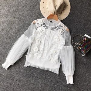 Lente Vrouwen Tops Sexy Sheer Lace Blouse Lantaarn Mouwen 3D Bloemen Blouses Shirts Elegante Top Blusas Femininas