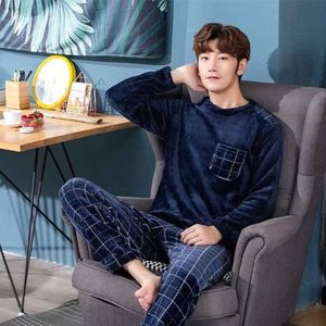 Winter Mannen Lange Mouw Flanel Pyjama Set Ronde Hals Pocket Print Pyjama Dikke Koraal Fluwelen Slaap Slijtage Mannelijke Warme Pyjama set