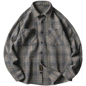 Japanse Mode Retro Wollen Tooling Plaid Shirt Voor Mannen Katoen Turn-Down Kraag Knoppen Lange Mouw Losse Ongedwongen Harajuku